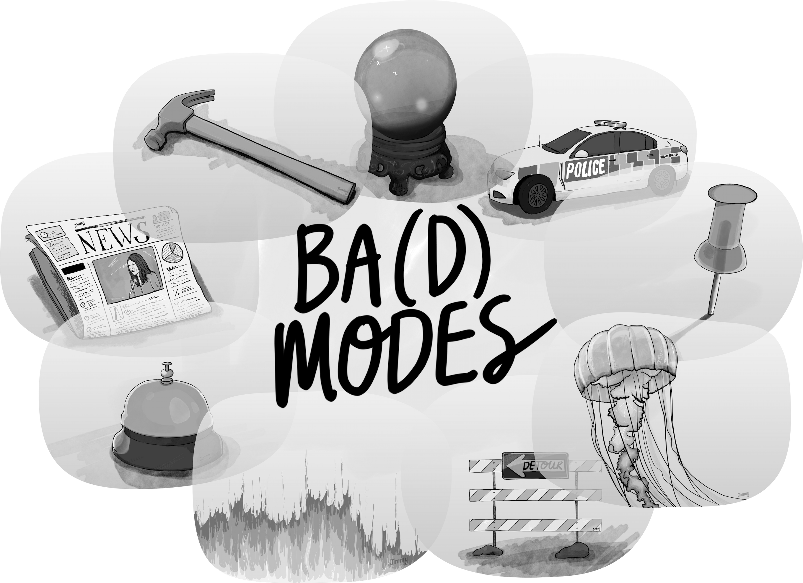 An illustration of lots of objects (including a fire, a jellyfish, a detour roadsign, and a crytal ball) and there's a label in the middle of the objects saying 'BA(D) Modes'.