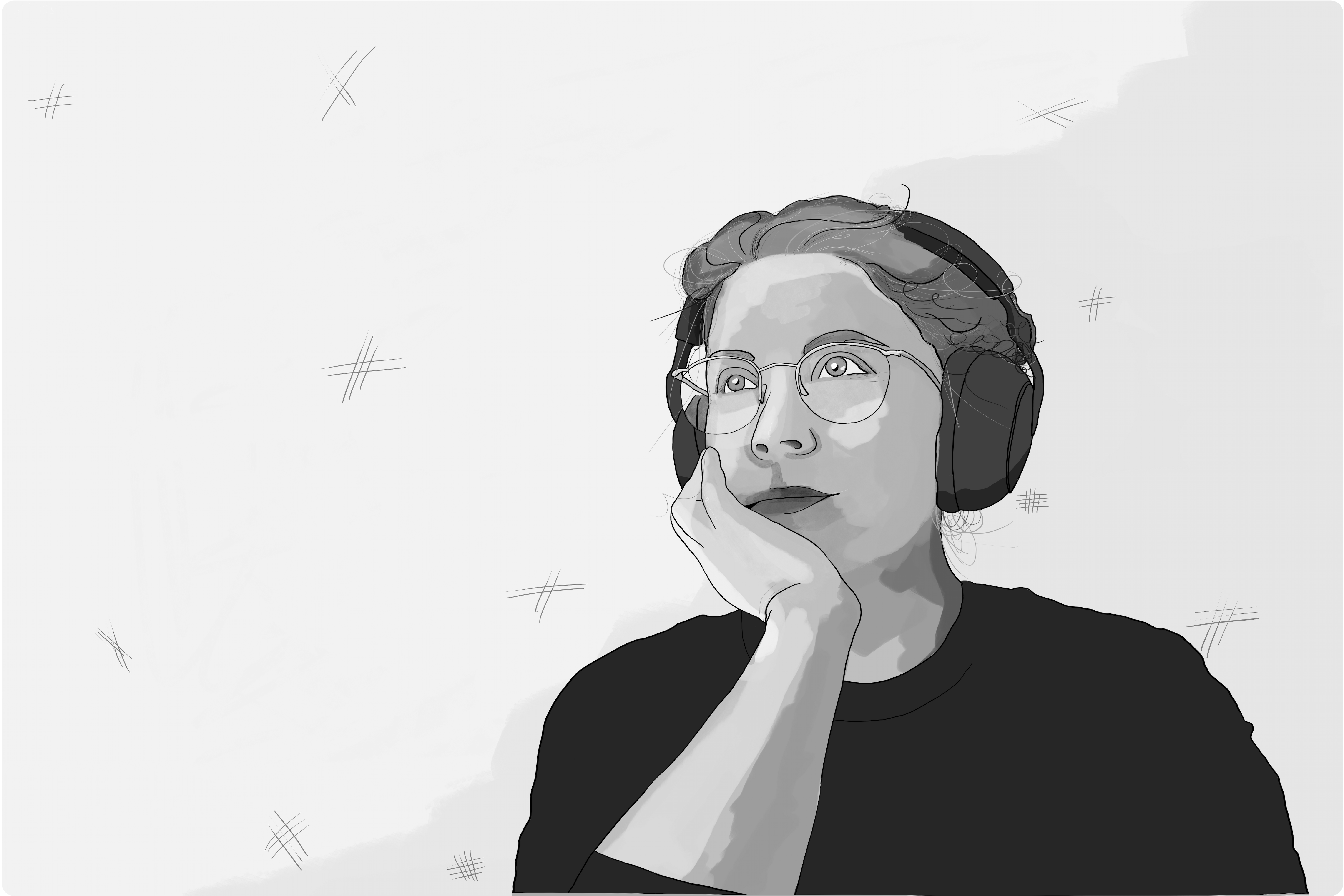 An illustration of Hannah, a woman with glasses and headphones, resting her chin on her hand while looking thoughtfully upwards. She has curly hair and is wearing a black top. The minimalistic background features soft, light strokes, enhancing the contemplative mood of the piece.