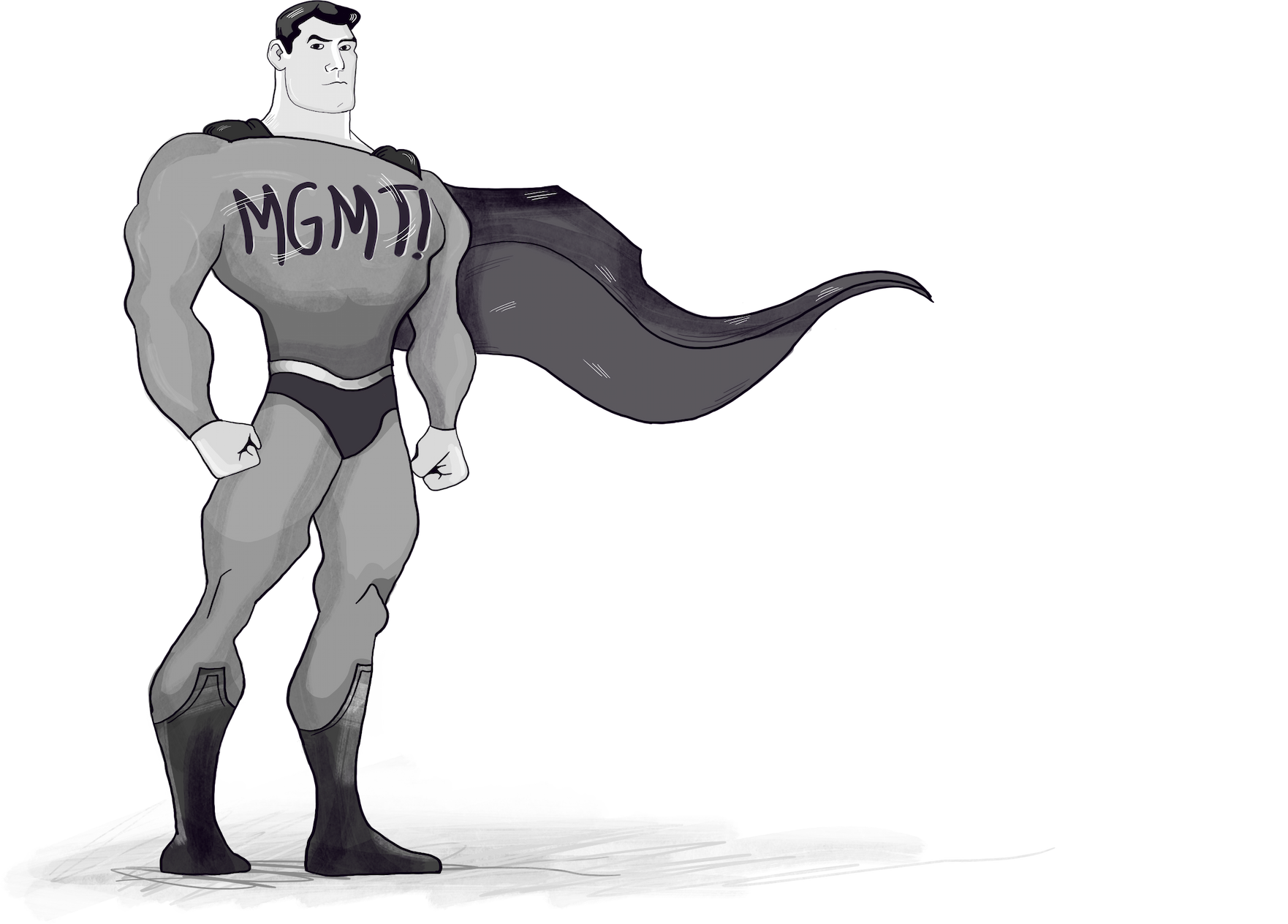 A superhero posing with a big cape and MGMT written across the hero's chest.