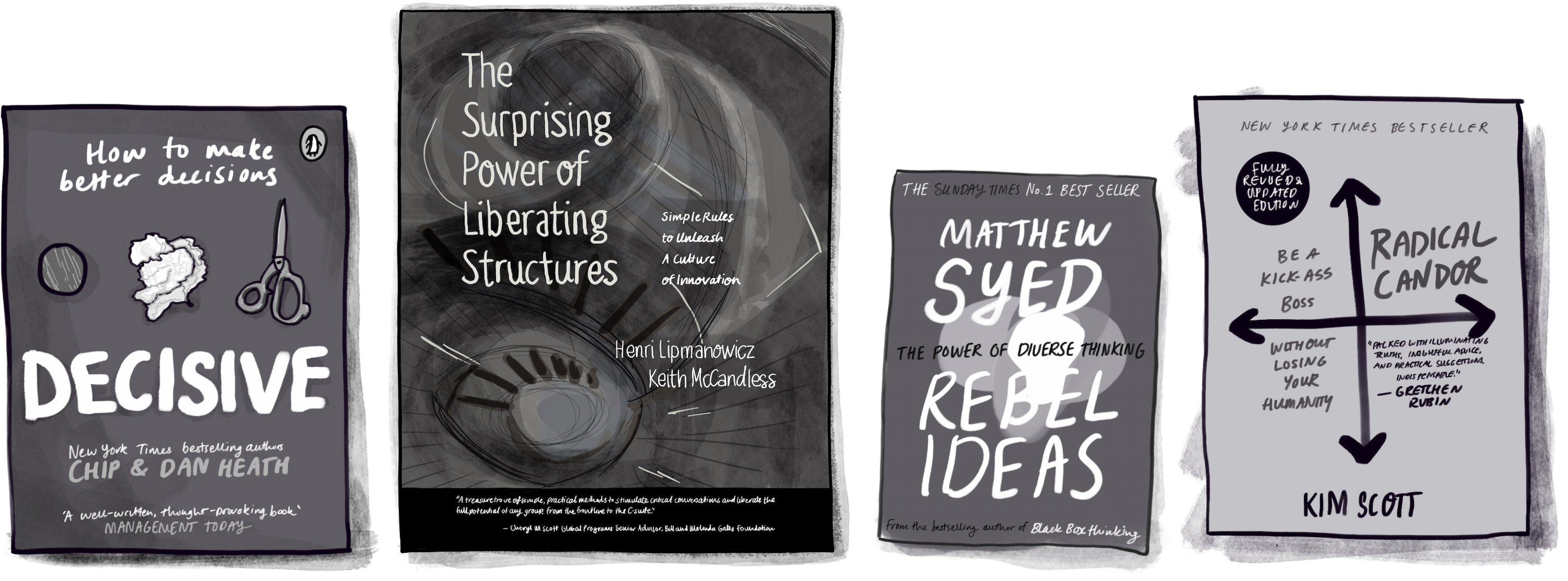 Books about people for the Jimmy book list include Decisive by Dan and Chip Heath, Liberating Structures by Henri Lipmanowicz and Keith McCandless, Rebel ideas by Matthew Syed, and Radical Candor by Kim Scott