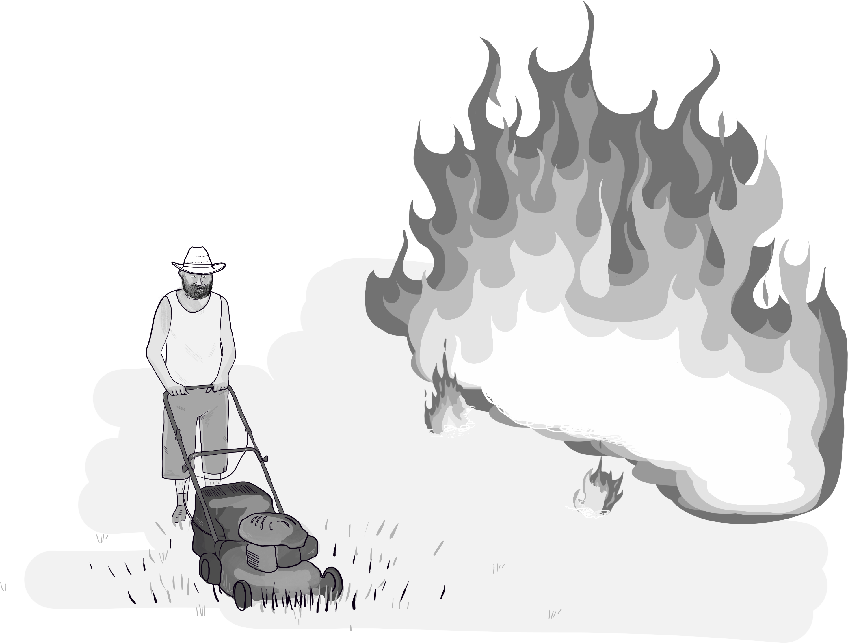 An illustration of a man moving the lawn with a massive fire beside him that he's ignoring.